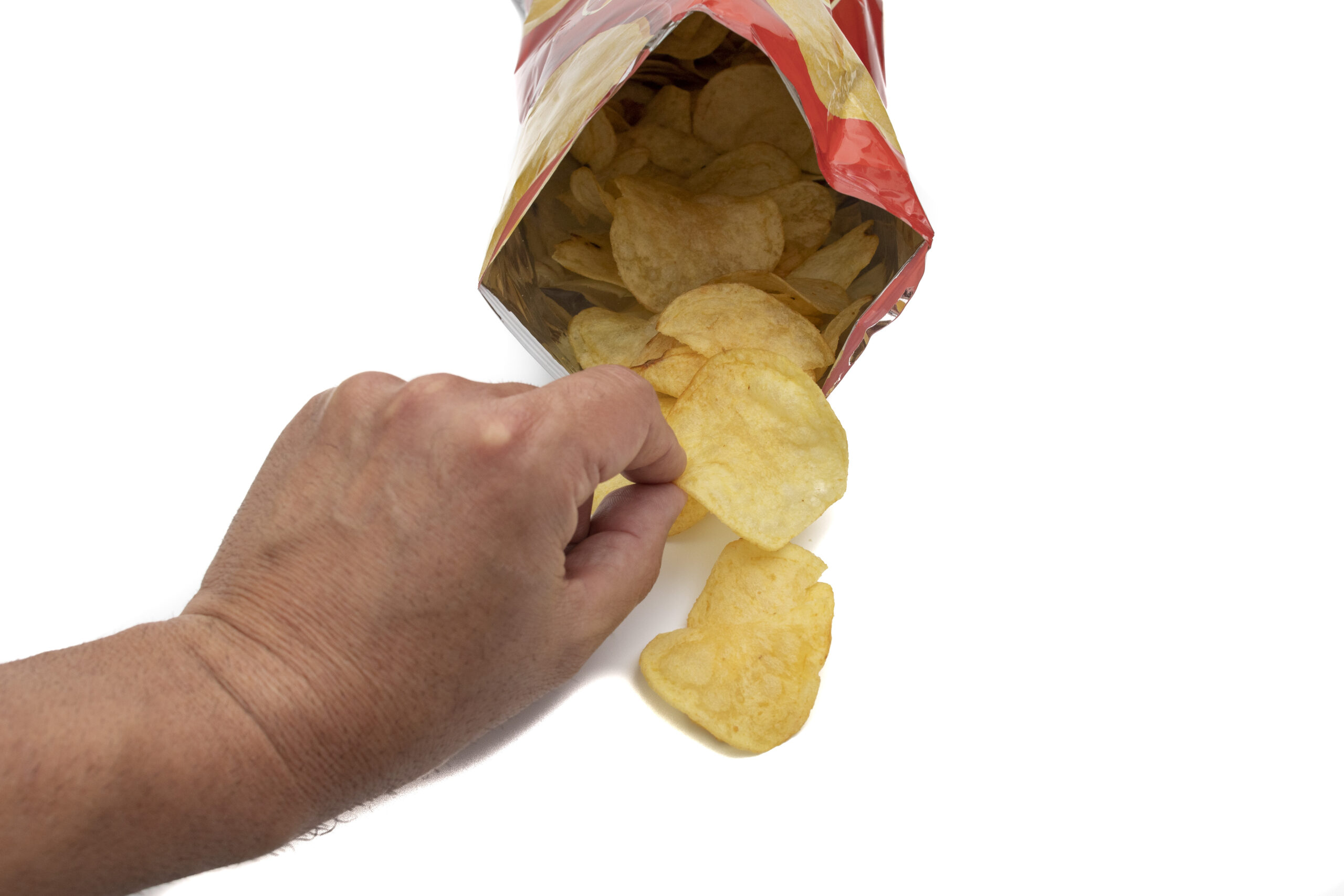 hand-taking-chip-from-bag-chips-open-front-view-with-chips-inside-outside-bag